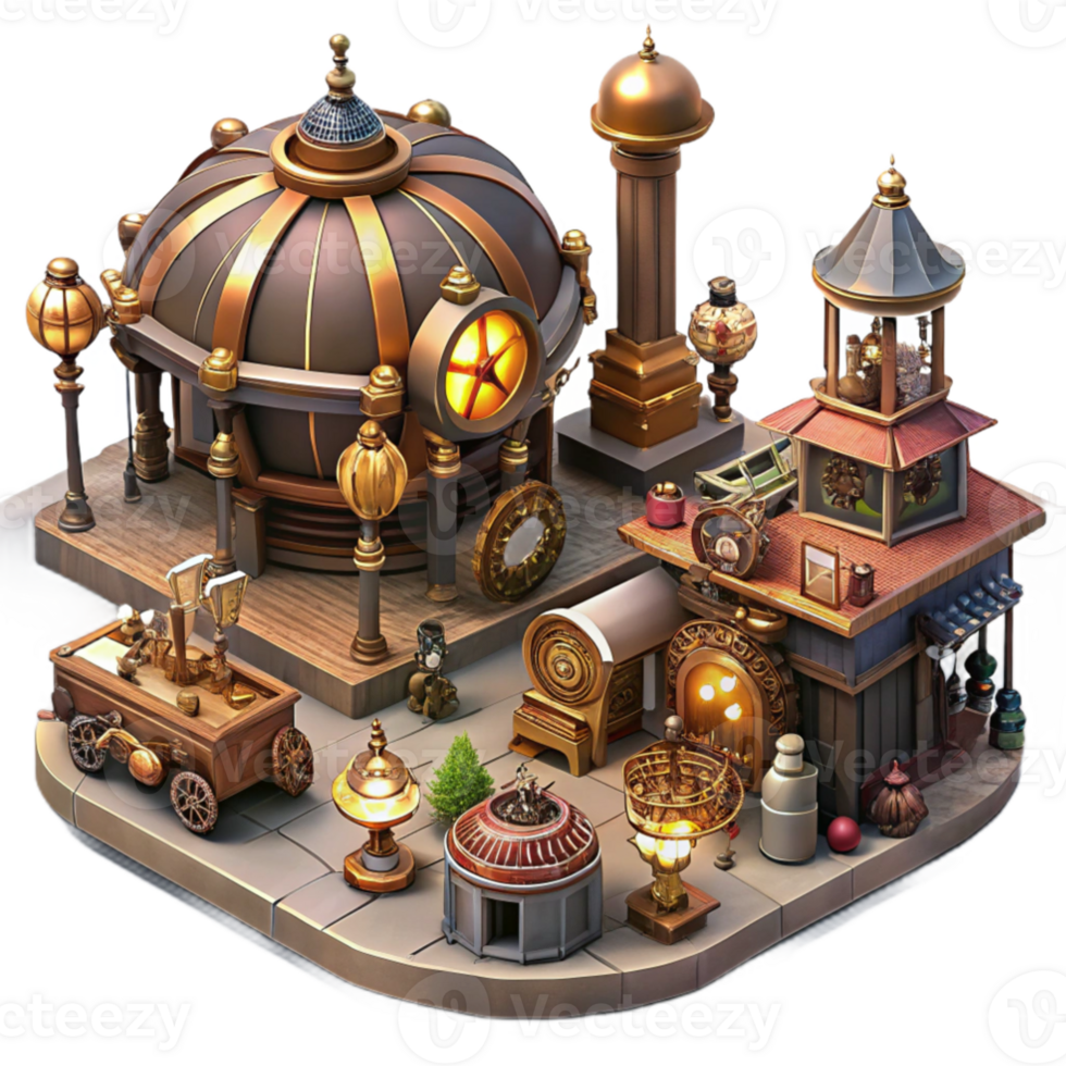 dramatic classic beautiful traditional A bustling steampunk marketplace, filled with intricate clockwork contraptions and automatons, vendors in elaborate Victorian attire, illuminated by... png