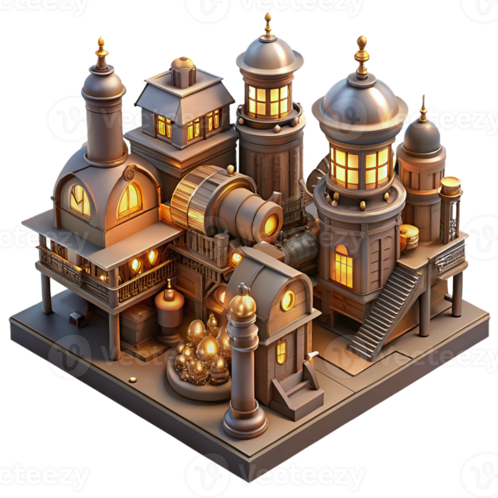 stunning abstract stunning traditional A steampunk cityscape, filled with towering clockwork buildings and interconnected walkways, bathed in the warm glow of countless gas lamps.... png