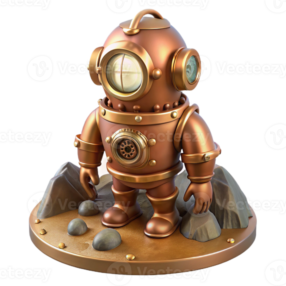 vibrant modern extraordinary rustic A steampunk diving suit, copper and brass, with large, round glass viewing ports, standing on a rocky seabed, illuminated by an underwater searchlight.... png