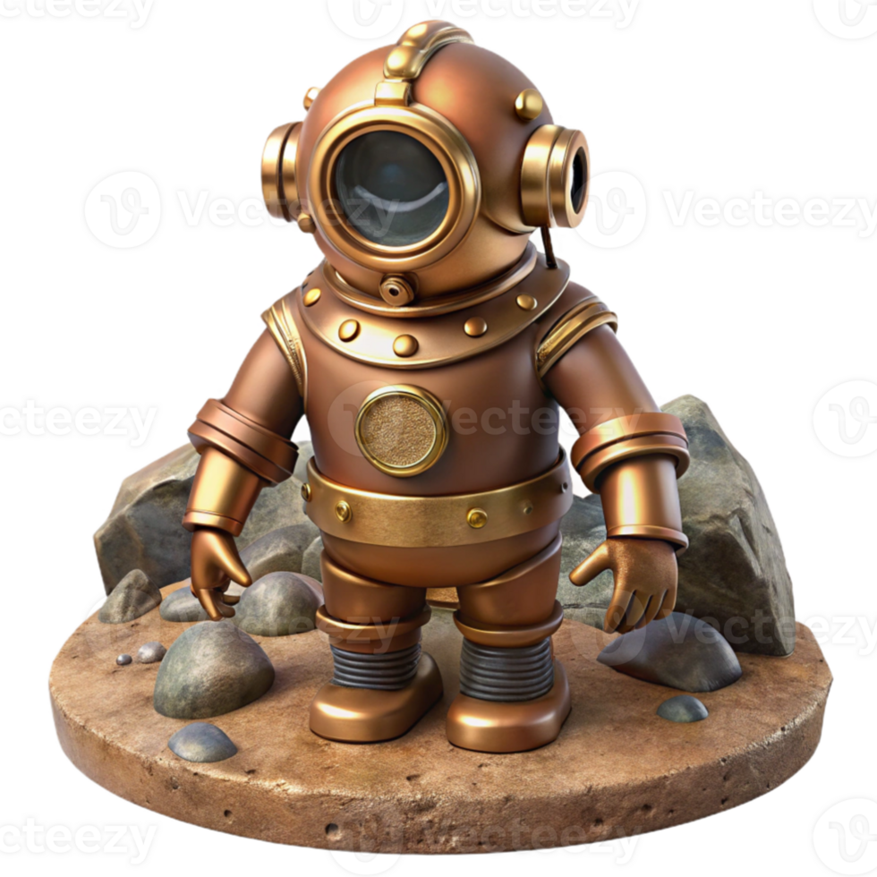stunning rustic dramatic traditional A steampunk diving suit, copper and brass, with large, round glass viewing ports, standing on a rocky seabed, illuminated by an underwater searchlight.... png