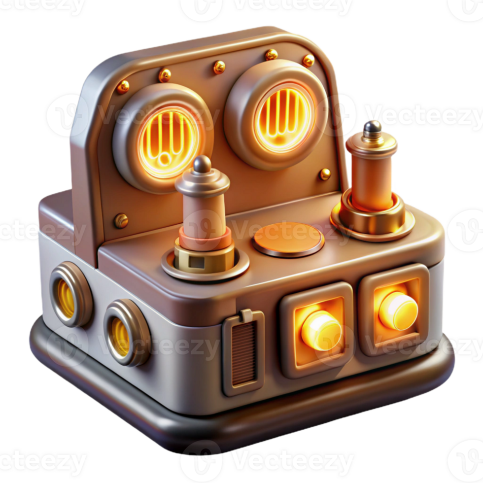 vibrant traditional magnificent abstract A vintage computer console with glowing vacuum tubes, flickering dials, and intricate wiring, warm incandescent lighting, retrofuturistic style high... png