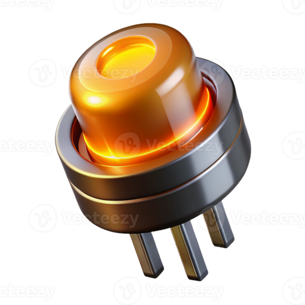 impressive vintage extraordinary traditional A single, oversized transistor emitting a warm orange glow, detailed metallic texture, dramatic lighting, retrofuturistic style premium professional png