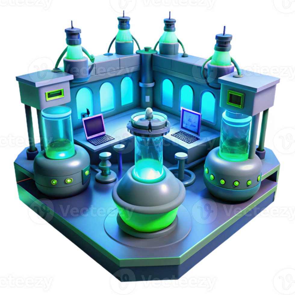 vibrant abstract impressive contemporary A futuristic laboratory filled with glowing equipment and holographic displays, cool blue and green lighting, cyberpunk style professional exclusive png