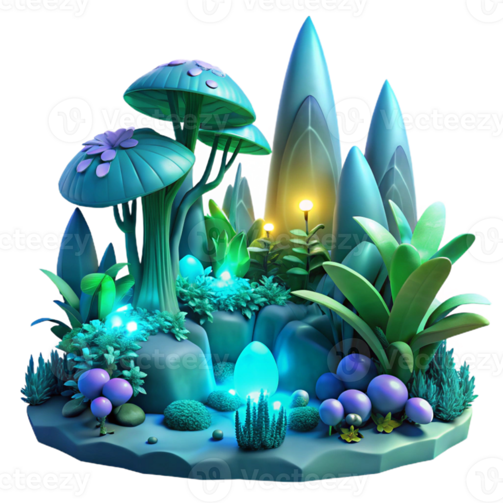 dramatic rustic impressive traditional Bio-luminescent flora and fauna illuminating a misty alien forest at twilight, vibrant blues and greens, art nouveau style high quality 4K png