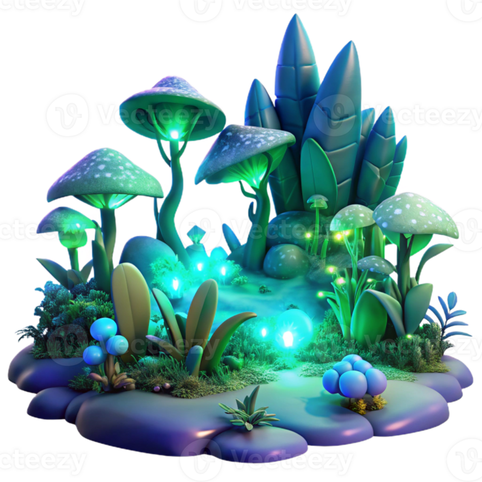wonderful minimalist vibrant minimalist Bio-luminescent flora and fauna illuminating a misty alien forest at twilight, vibrant blues and greens, art nouveau style premium authentic png