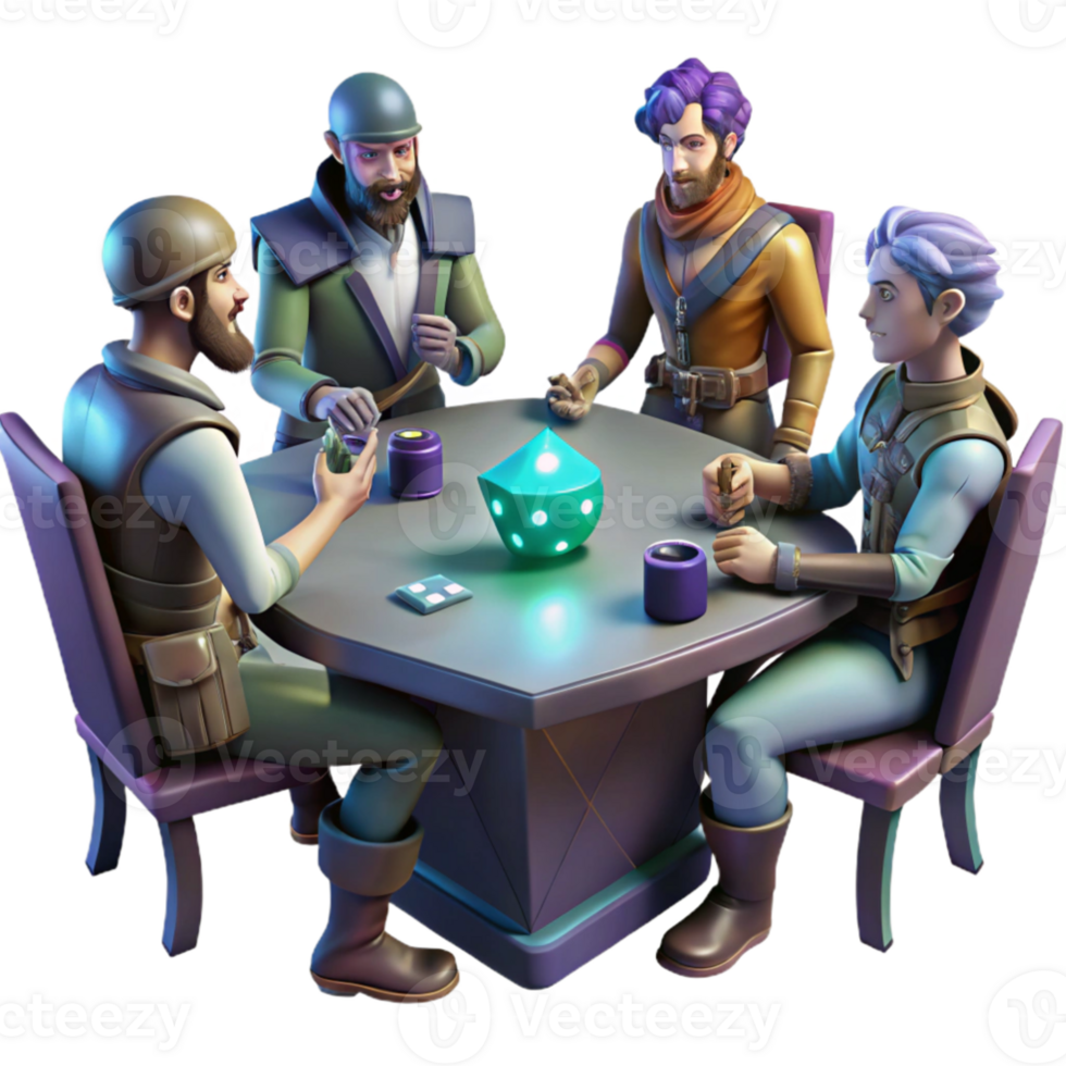 stunning abstract serene creative A group of space pirates in a dimly lit cantina, holographic dice game on the table, dramatic chiaroscuro lighting. Graphic novel style authentic original png