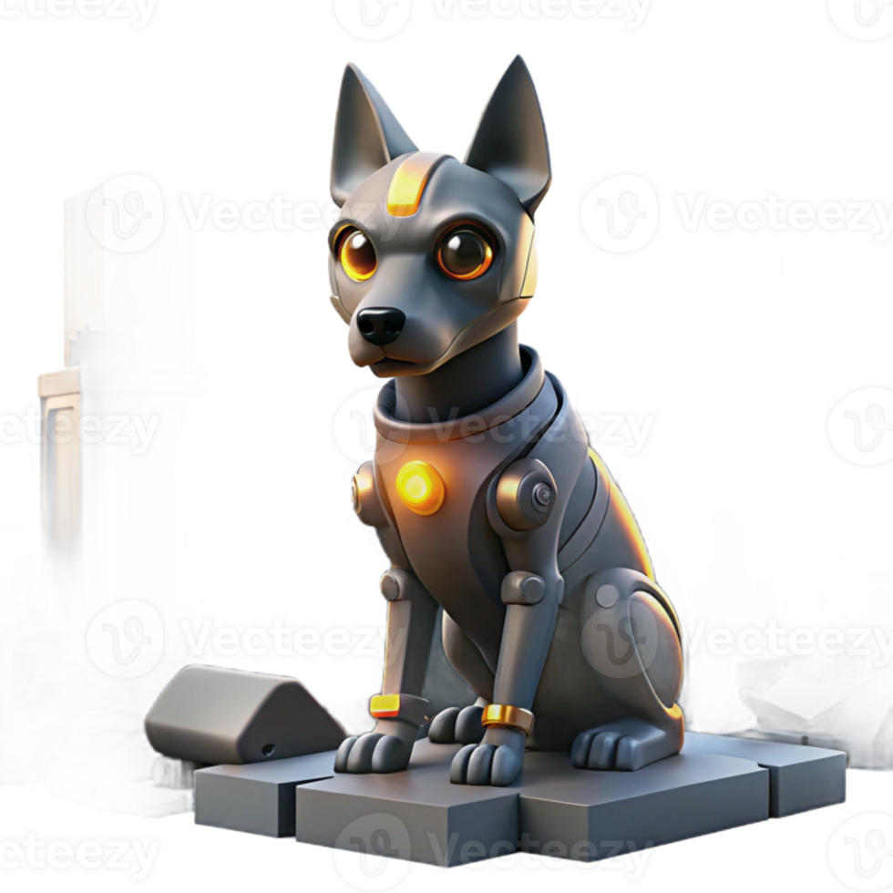 wonderful abstract vibrant minimalist A robotic dog with glowing eyes, sitting amidst the ruins of a futuristic city, under a smoky sky. Dystopian, gritty style original detailed png