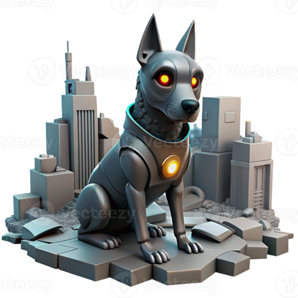 stunning vintage beautiful modern A robotic dog with glowing eyes, sitting amidst the ruins of a futuristic city, under a smoky sky. Dystopian, gritty style authentic genuine png