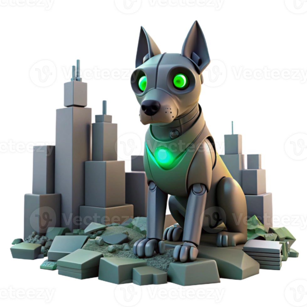 stunning abstract serene abstract A robotic dog with glowing eyes, sitting amidst the ruins of a futuristic city, under a smoky sky. Dystopian, gritty style premium original png