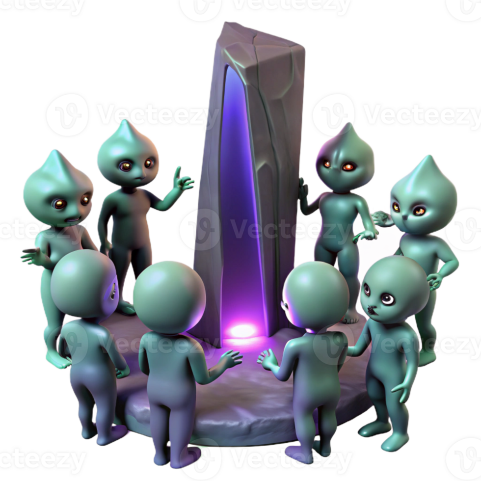 wonderful contemporary vibrant vintage A group of aliens, diverse and bizarre, gathered around a glowing monolith, otherworldly landscape, ethereal lighting. Fantasy art style high resolution detailed png
