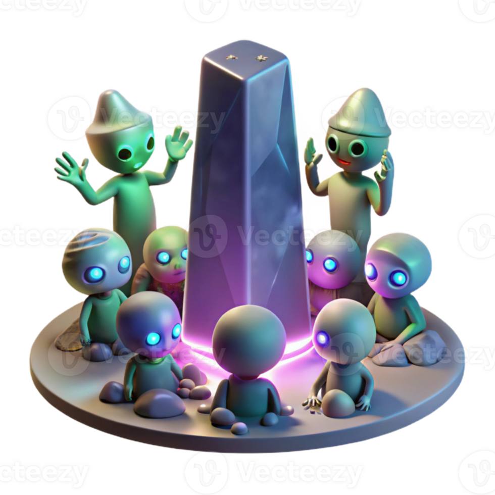 elegant minimalist extraordinary rustic A group of aliens, diverse and bizarre, gathered around a glowing monolith, otherworldly landscape, ethereal lighting. Fantasy art style premium detailed png