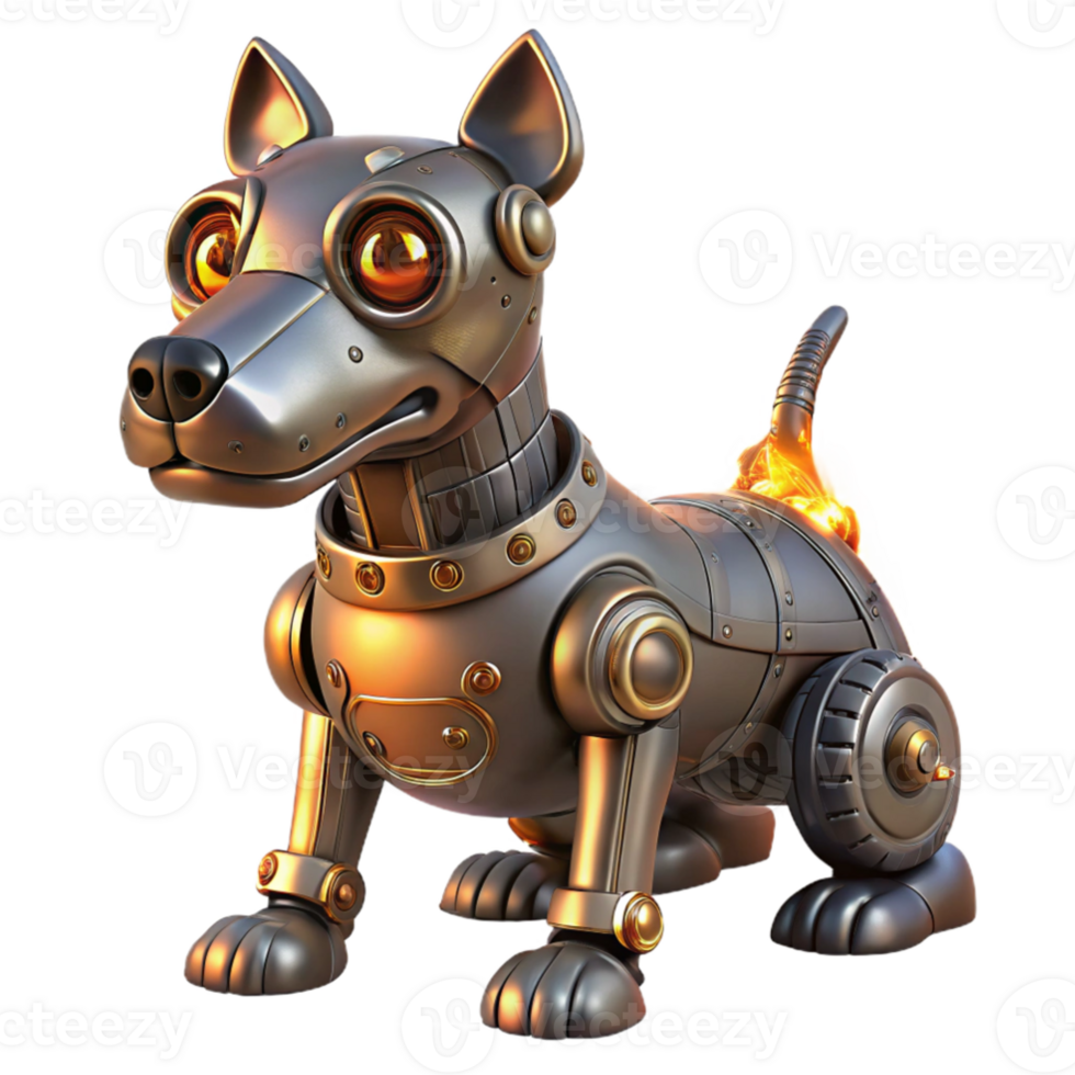 stunning abstract vibrant minimalist A steampunk robotic dog, intricate clockwork mechanisms visible, sitting obediently, lit by a warm fireplace glow, photorealistic style 4K premium png