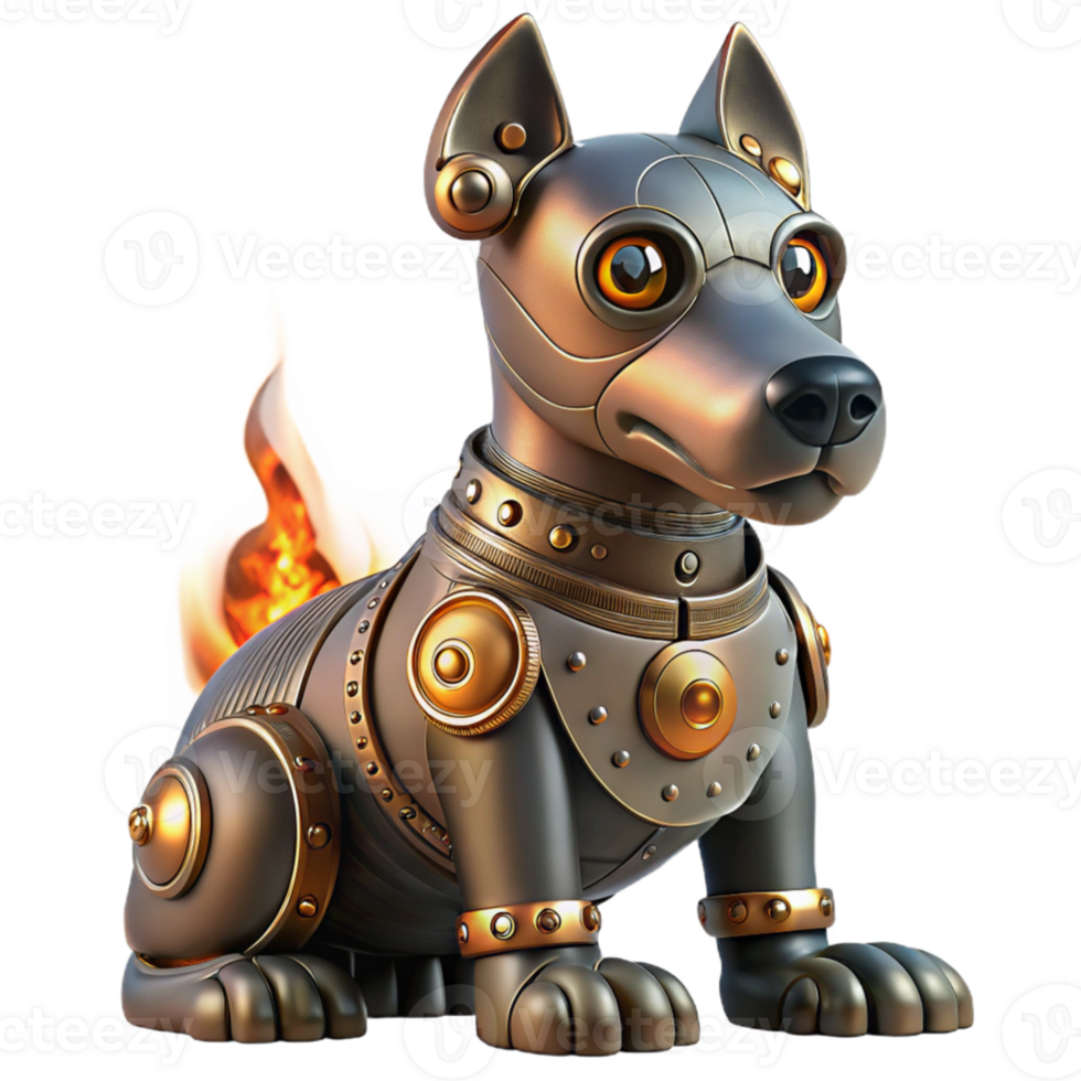 dramatic classic serene traditional A steampunk robotic dog, intricate clockwork mechanisms visible, sitting obediently, lit by a warm fireplace glow, photorealistic style 4K professional png