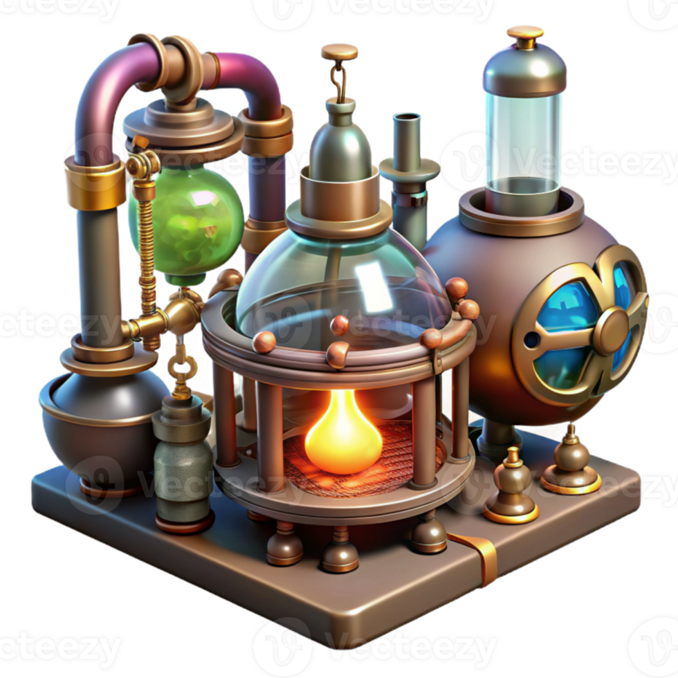 extraordinary artistic elegant minimalist A steampunk laboratory, filled with bizarre inventions and bubbling concoctions, flickering gaslight illumination, mad scientist style authentic 4K png