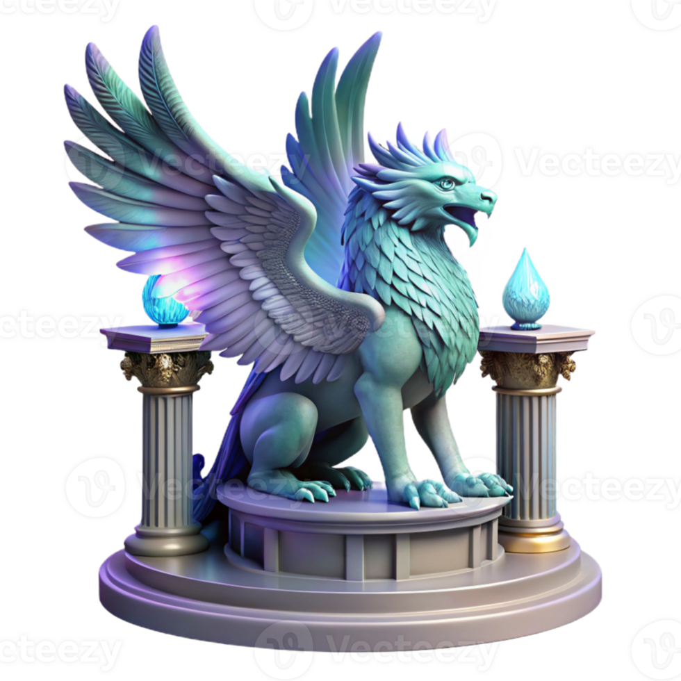 impressive abstract wonderful minimalist A majestic griffin with iridescent feathers, perched atop a crumbling marble altar bathed in ethereal moonlight, Art Nouveau style original authentic png