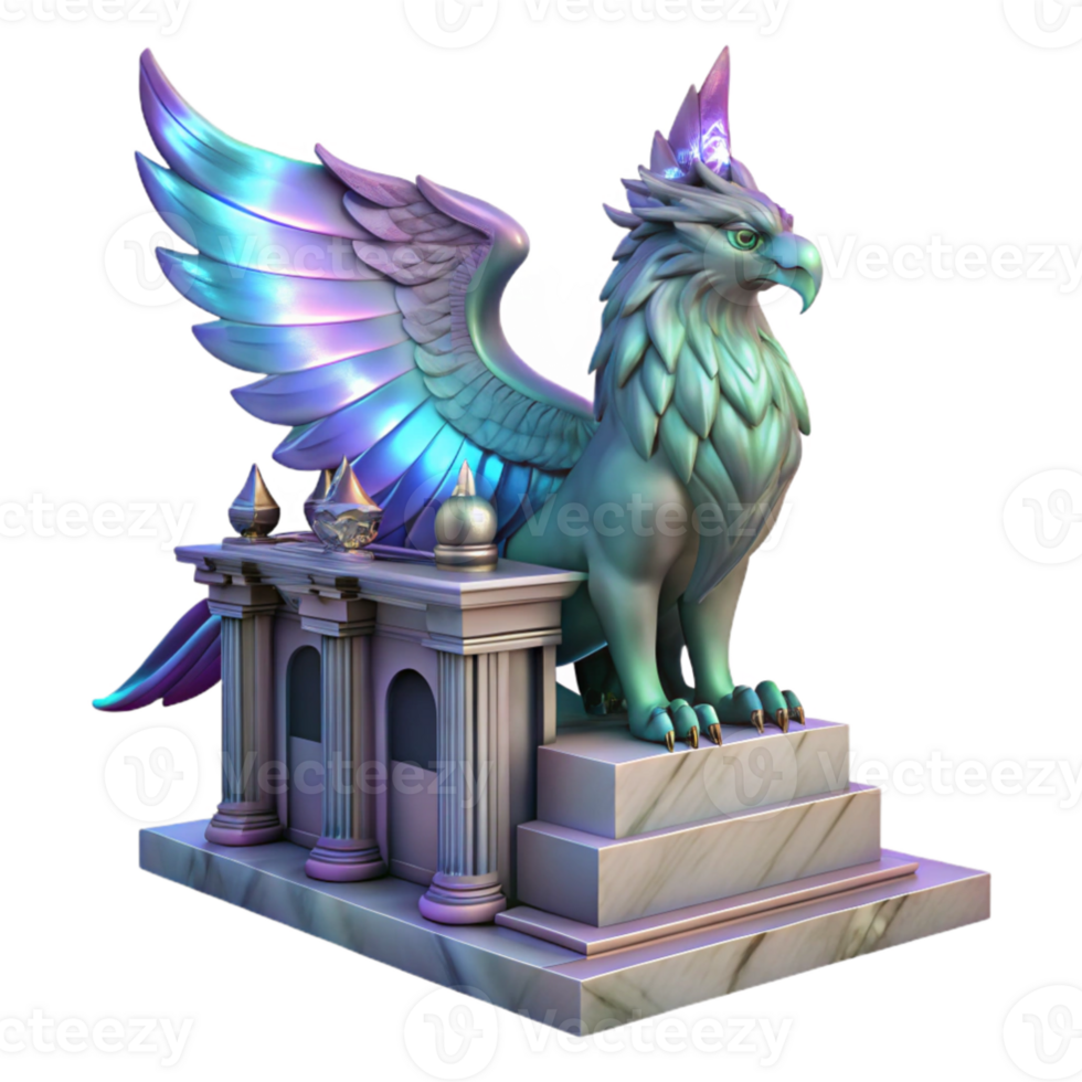 extraordinary modern serene classic A majestic griffin with iridescent feathers, perched atop a crumbling marble altar bathed in ethereal moonlight, Art Nouveau style detailed authentic png