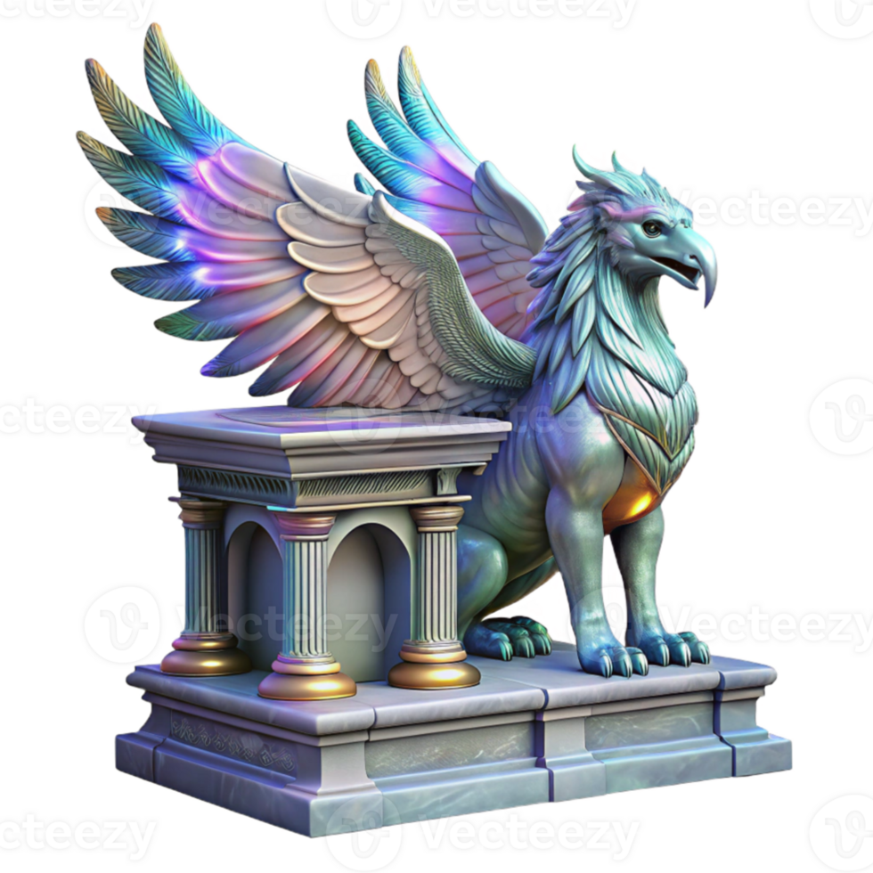 vibrant abstract dramatic creative A majestic griffin with iridescent feathers, perched atop a crumbling marble altar bathed in ethereal moonlight, Art Nouveau style 4K original png