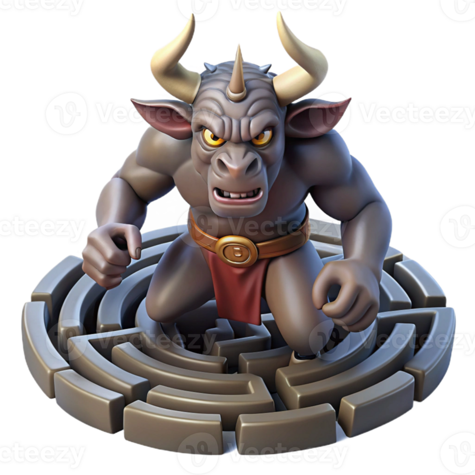 beautiful rustic vibrant traditional A powerful minotaur trapped in a labyrinth, rendered in a gritty, realistic style with dark shadows and a claustrophobic atmosphere high resolution 4K png