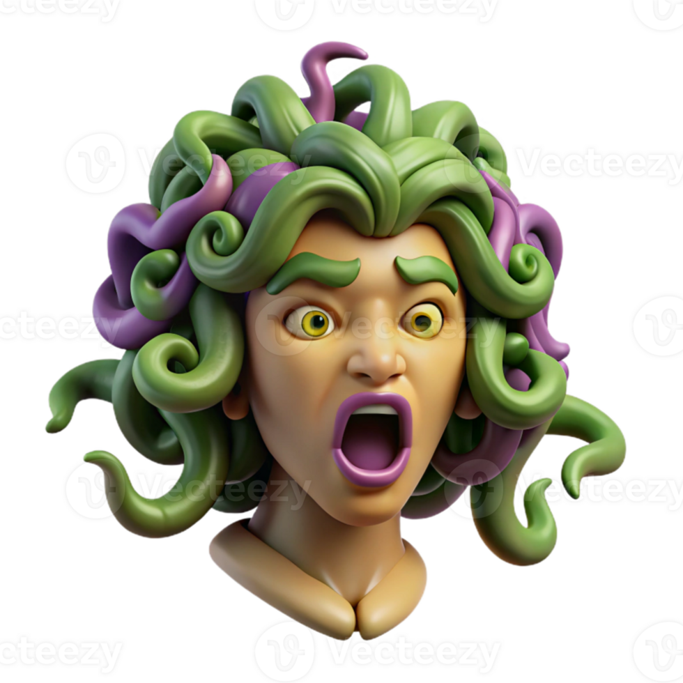 impressive creative extraordinary classic Medusa with snakes for hair, turning a warrior to stone, depicted in a terrifying, grotesque style with vivid details and intense colors detailed genuine png