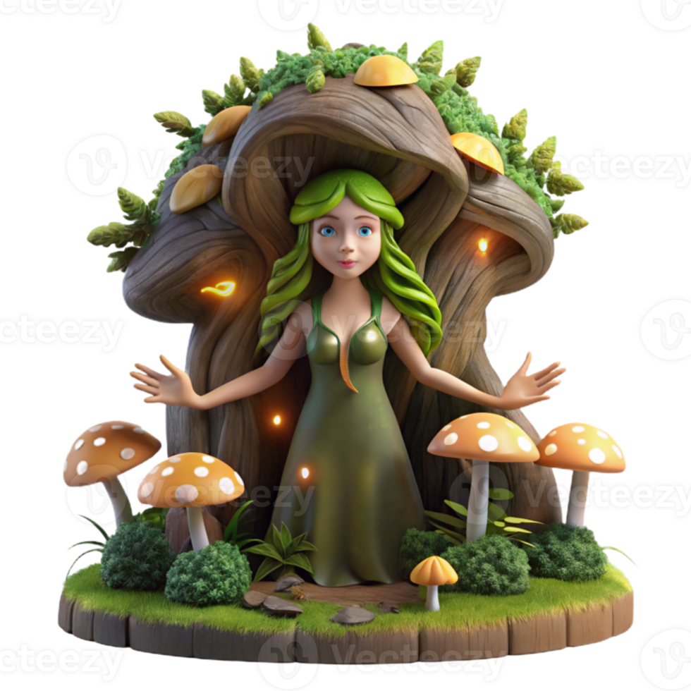 dramatic traditional vibrant modern A serene dryad emerging from an ancient oak, adorned with moss and glowing mushrooms, rendered in a hyperrealistic style with soft, dappled sunlight 4K authentic png