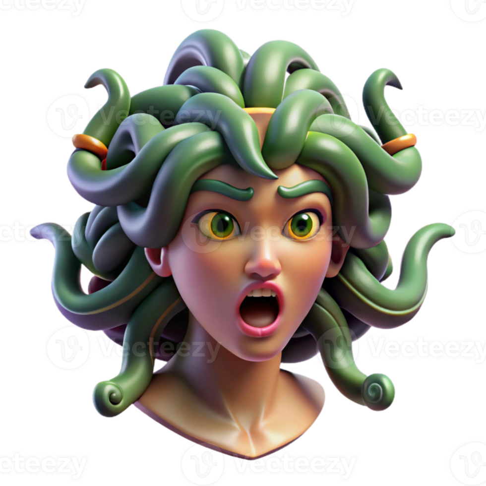 beautiful artistic stunning creative Medusa with snakes for hair, turning a warrior to stone, depicted in a terrifying, grotesque style with vivid details and intense colors 4K detailed png