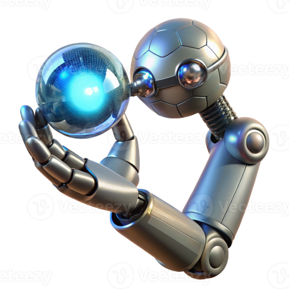 vibrant contemporary serene minimalist A chrome robotic arm delicately holding a glowing orb of data, intricate wires visible within the arm, studio lighting, cyberpunk style high quality high quality png