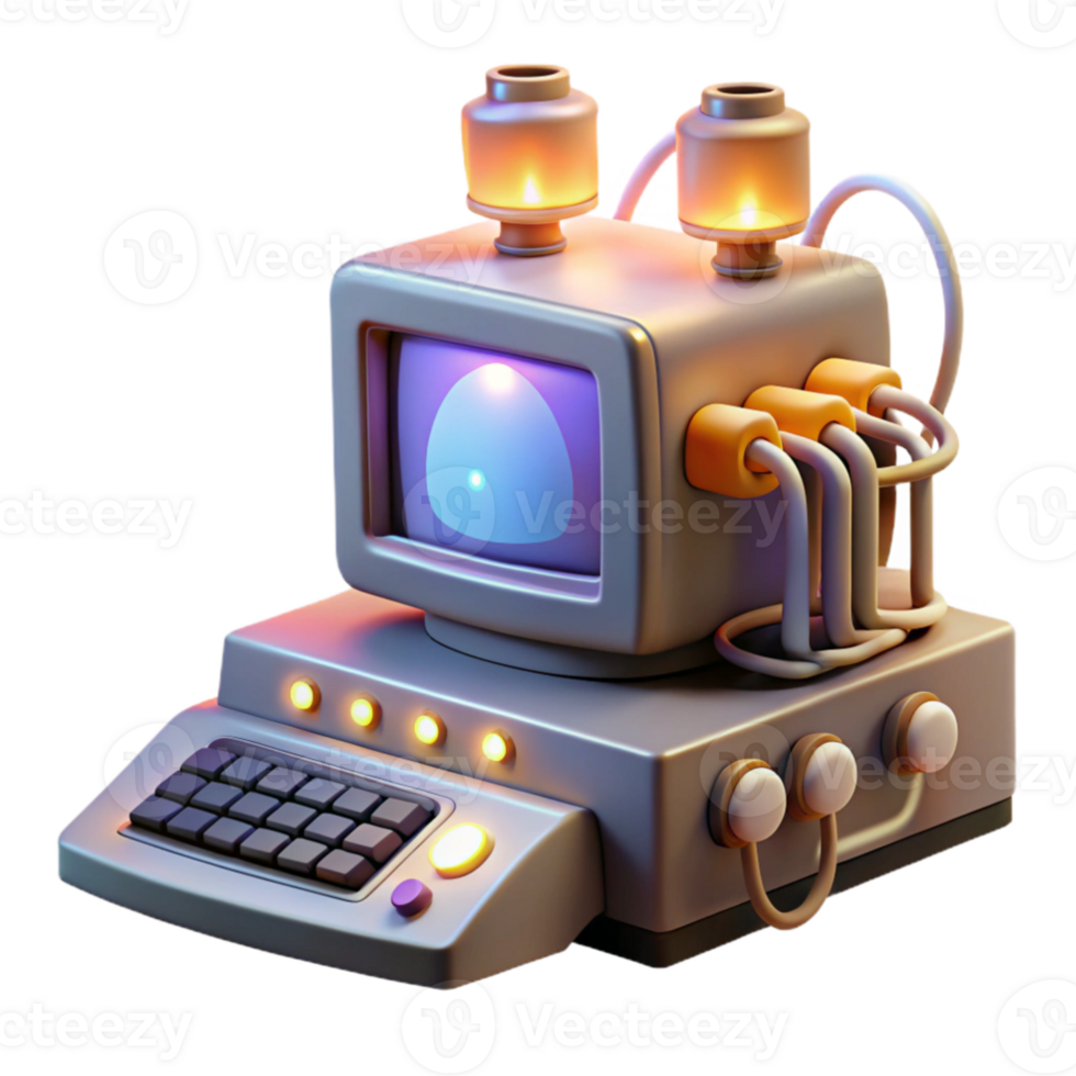 stunning minimalist dramatic modern A vintage computer with glowing vacuum tubes, surrounded by punch cards and cables, warm, dim lighting, retrofuturistic style authentic professional png