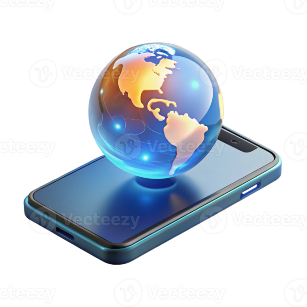 beautiful creative dramatic abstract A transparent, levitating smartphone displaying a holographic world map, cool, ambient lighting, minimalist style professional professional png