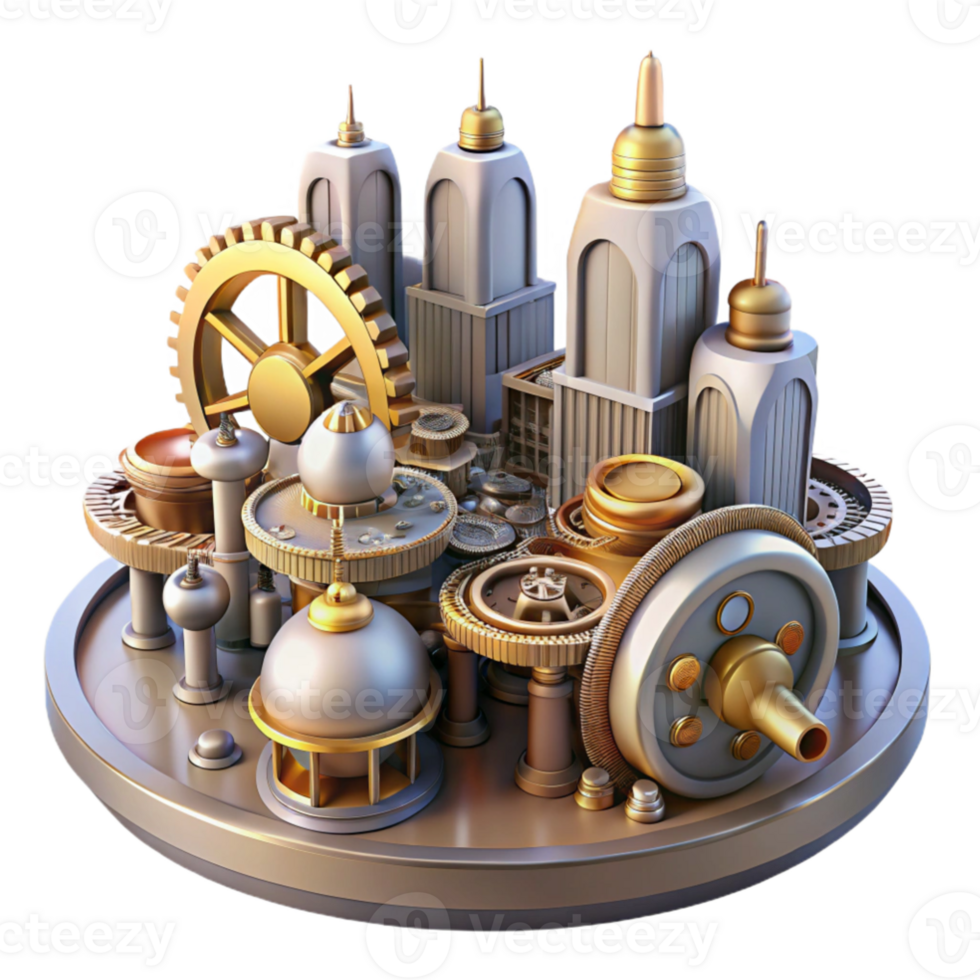 elegant creative dramatic contemporary An intricate clockwork mechanism powering a futuristic city, gears and springs visible, steampunk style, dramatic lighting professional high resolution png