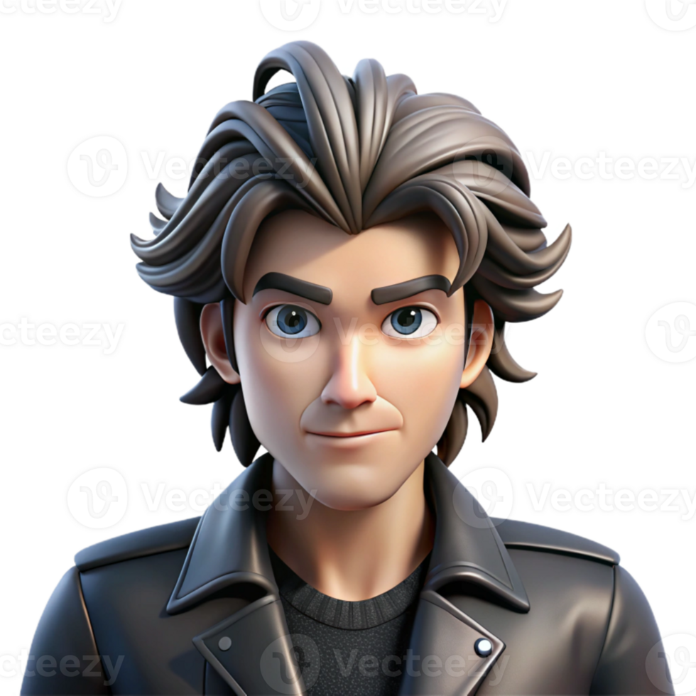 dramatic classic serene abstract Portrait of a charismatic rock star with tousled hair, a leather jacket, and a defiant expression. Dramatic stage lighting. Graphic novel style professional genuine png