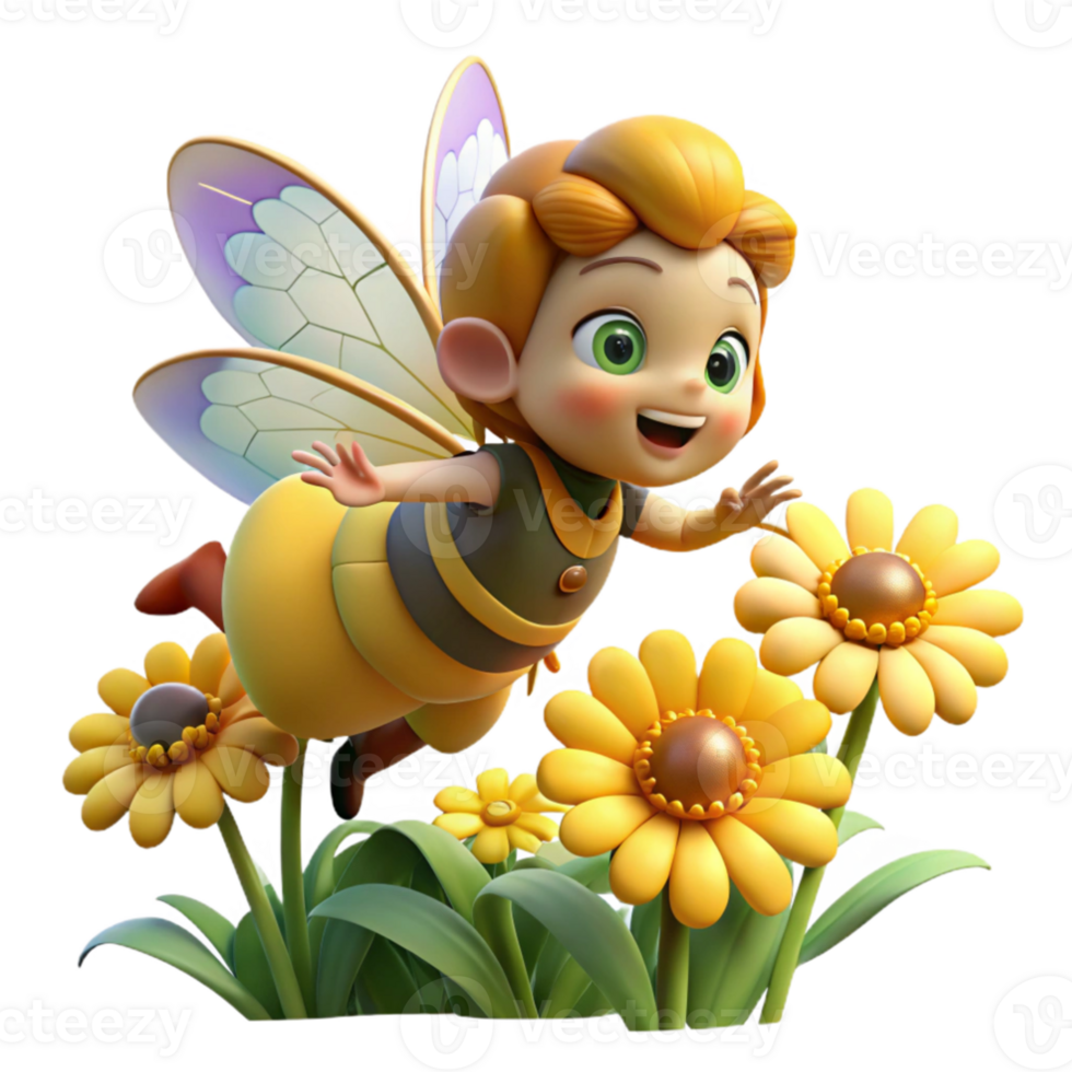 serene artistic elegant creative A mischievous pixie riding a giant bumblebee through a field of glowing wildflowers, warm lighting, cartoon style genuine professional png