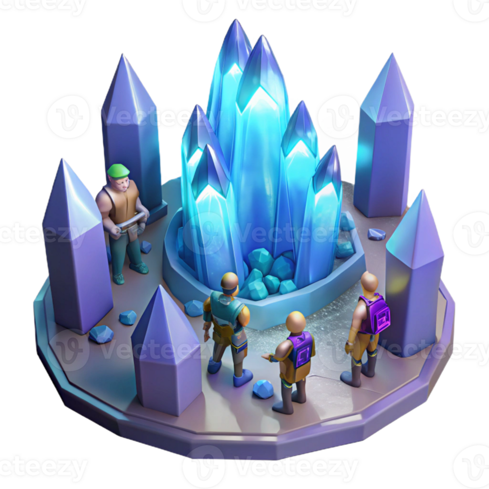 vibrant modern magnificent minimalist A group of adventurers exploring a hidden, crystalline cave, glowing crystal lighting, concept art style high quality premium png