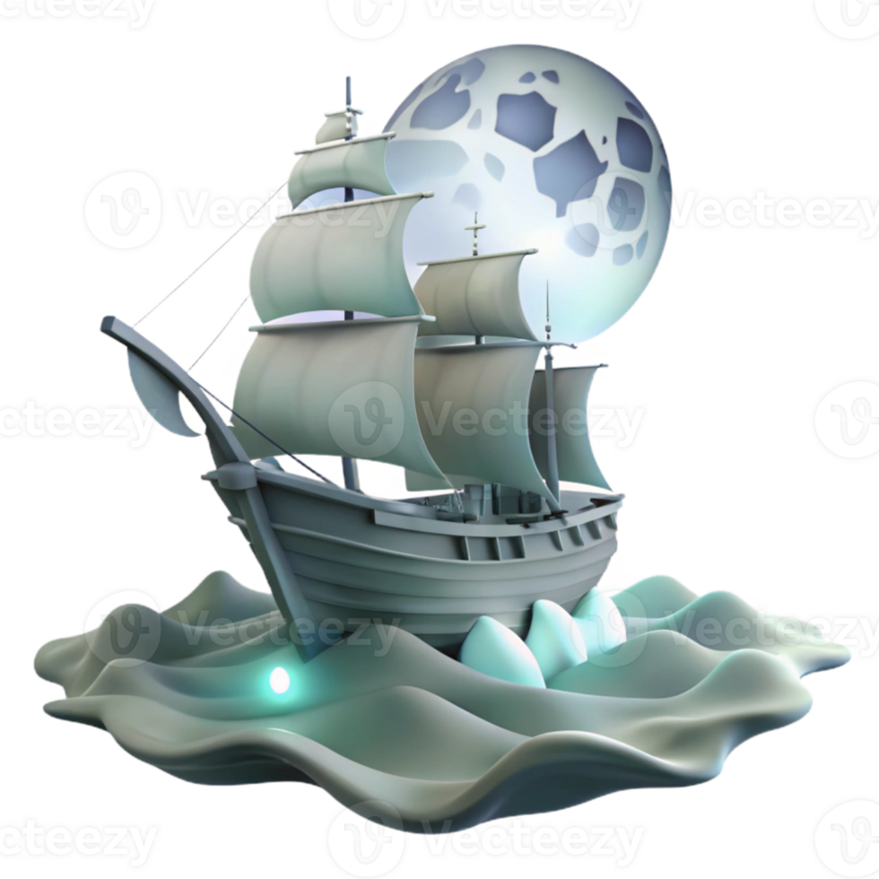 serene contemporary serene traditional A spectral ghost ship sailing through a stormy, moonlit sea, dramatic lighting, romanticism style authentic high resolution png