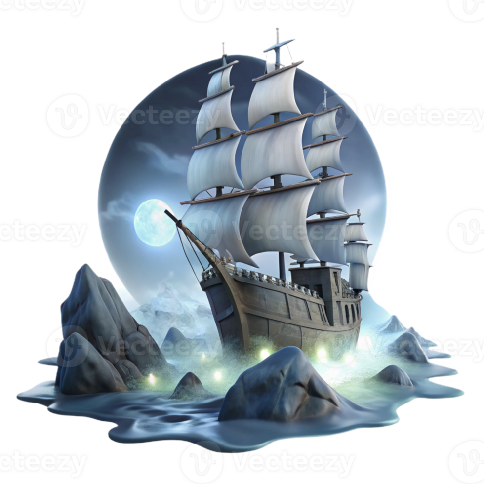vibrant abstract impressive rustic A spectral ghost ship sailing through a stormy, moonlit sea, dramatic lighting, romanticism style authentic 4K png