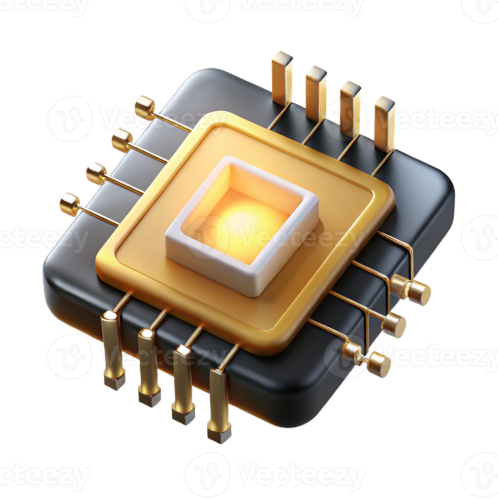 elegant contemporary serene modern A single microchip, its golden circuits intricately detailed, floating in a dark void, illuminated by a single ray of ethereal white light authentic original png