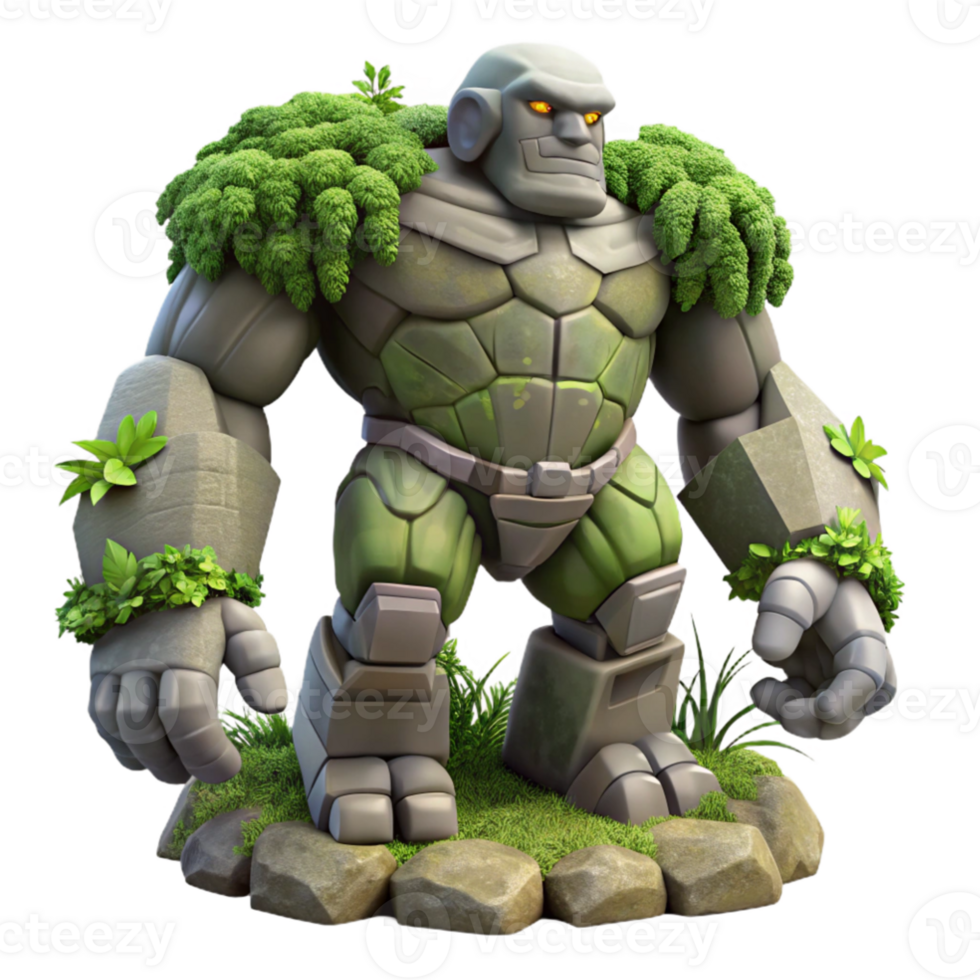stunning minimalist beautiful modern A colossal golem made of living stone lumbering through a dense jungle, dappled sunlight and shadow, realistic style genuine detailed png