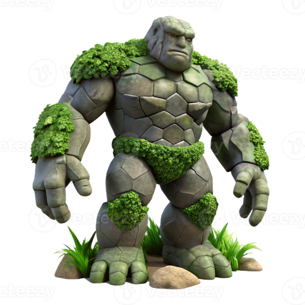 wonderful abstract extraordinary modern A colossal golem made of living stone lumbering through a dense jungle, dappled sunlight and shadow, realistic style professional genuine png