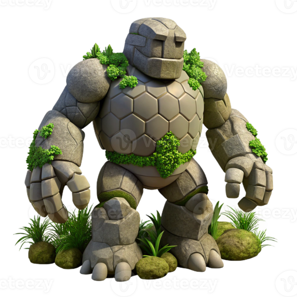 dramatic contemporary dramatic minimalist A colossal golem made of living stone lumbering through a dense jungle, dappled sunlight and shadow, realistic style high resolution authentic png
