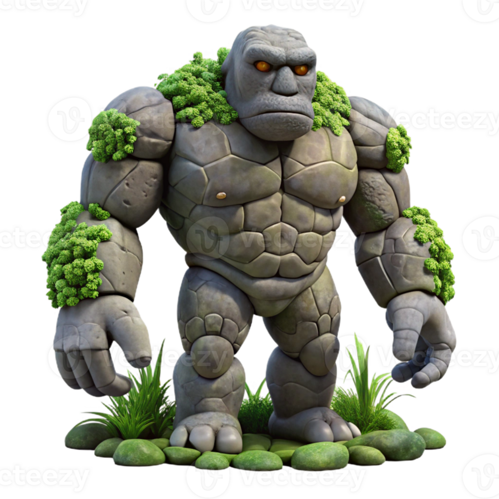 elegant modern beautiful classic A colossal golem made of living stone lumbering through a dense jungle, dappled sunlight and shadow, realistic style authentic genuine png