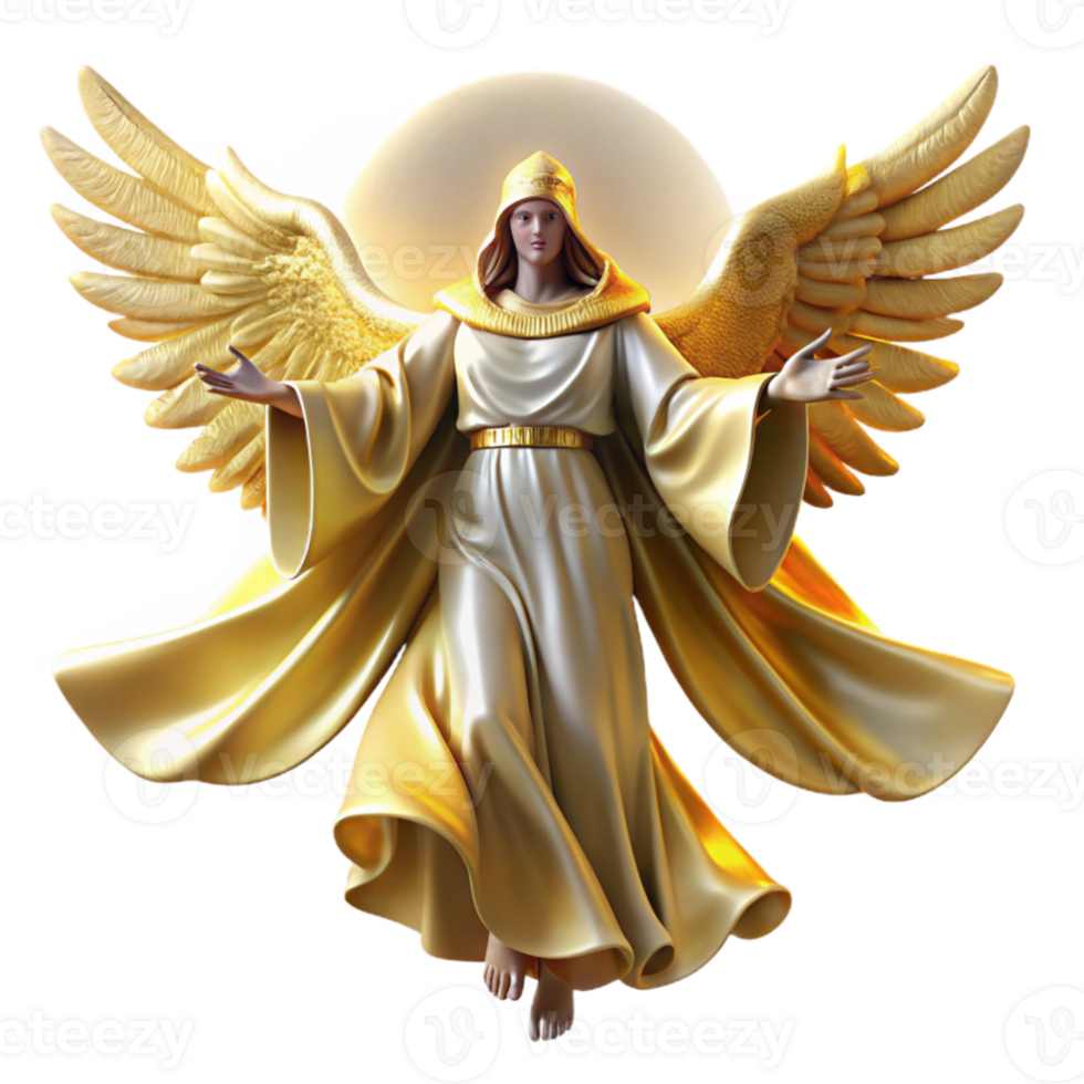 serene minimalist impressive modern A celestial being with flowing robes and glowing wings descending from the heavens, bathed in golden light, baroque style detailed original png