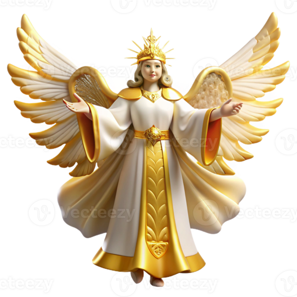 elegant rustic extraordinary traditional A celestial being with flowing robes and glowing wings descending from the heavens, bathed in golden light, baroque style premium high resolution png