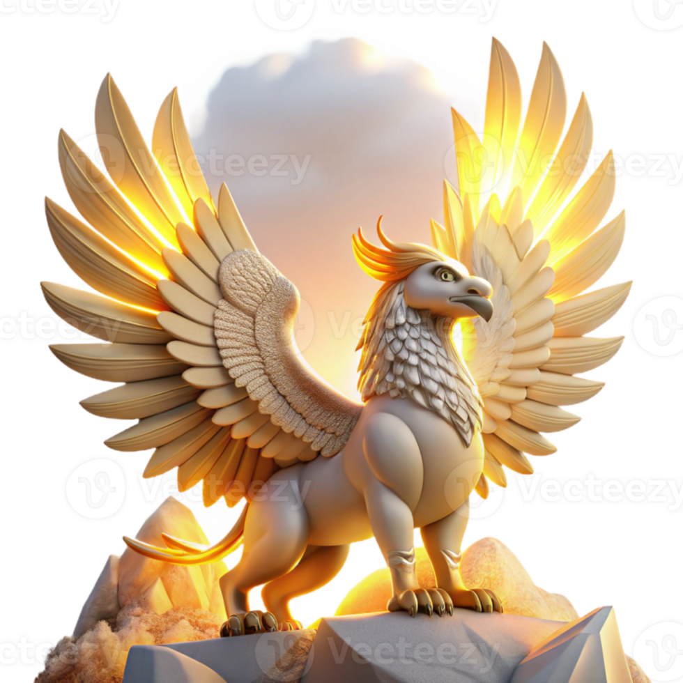 impressive abstract wonderful modern A majestic griffin perched atop Mount Olympus, feathers shimmering iridescently in the golden light of a setting sun, Art Deco style exclusive authentic png