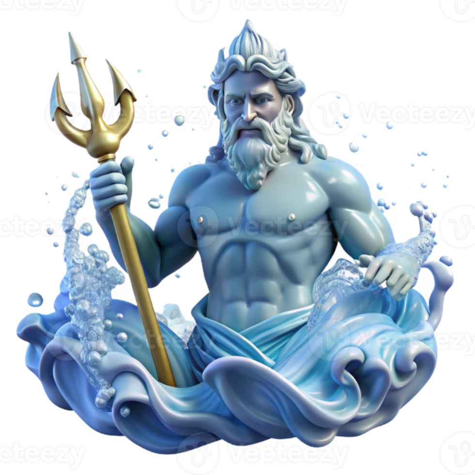 stunning classic beautiful contemporary Poseidon rising from the waves, trident in hand, water droplets sparkling like diamonds, Baroque painting style professional authentic png