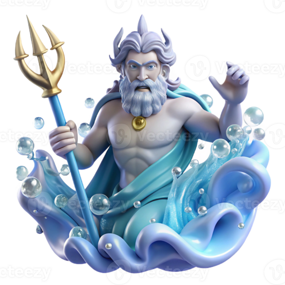 dramatic minimalist elegant contemporary Poseidon rising from the waves, trident in hand, water droplets sparkling like diamonds, Baroque painting style high quality authentic png