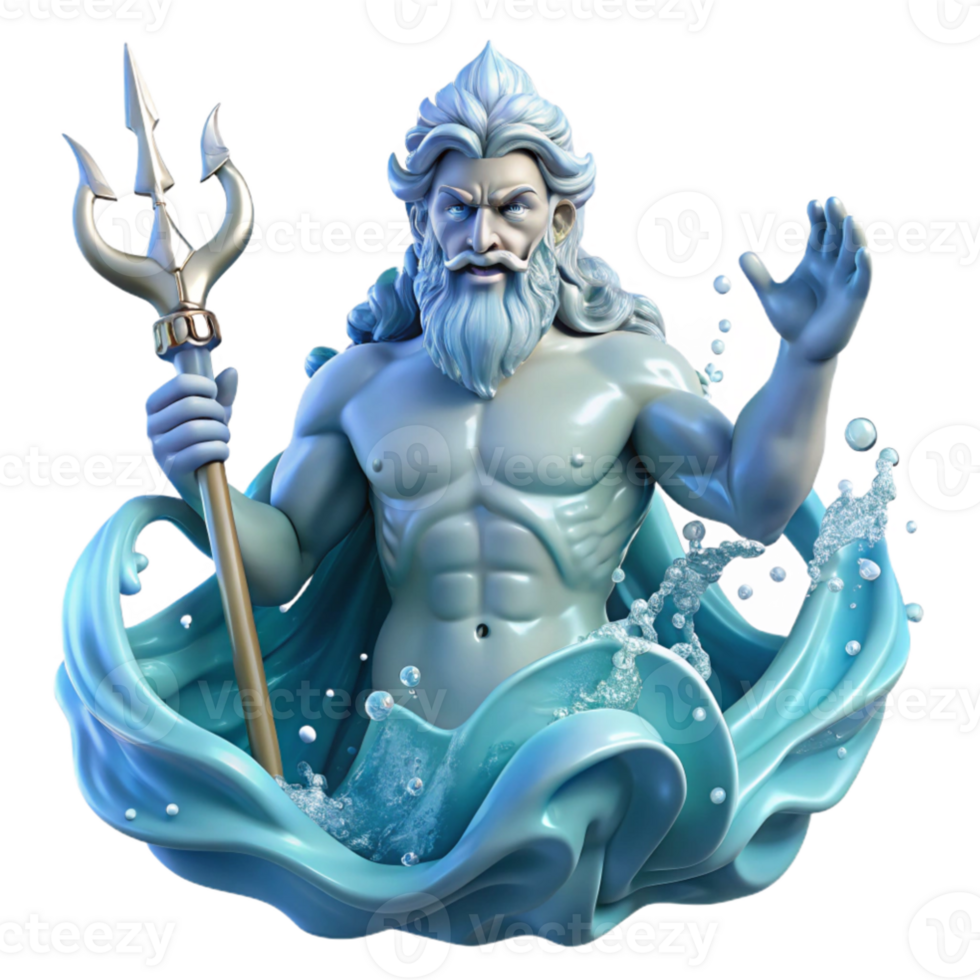 impressive minimalist wonderful artistic Poseidon rising from the waves, trident in hand, water droplets sparkling like diamonds, Baroque painting style original genuine png
