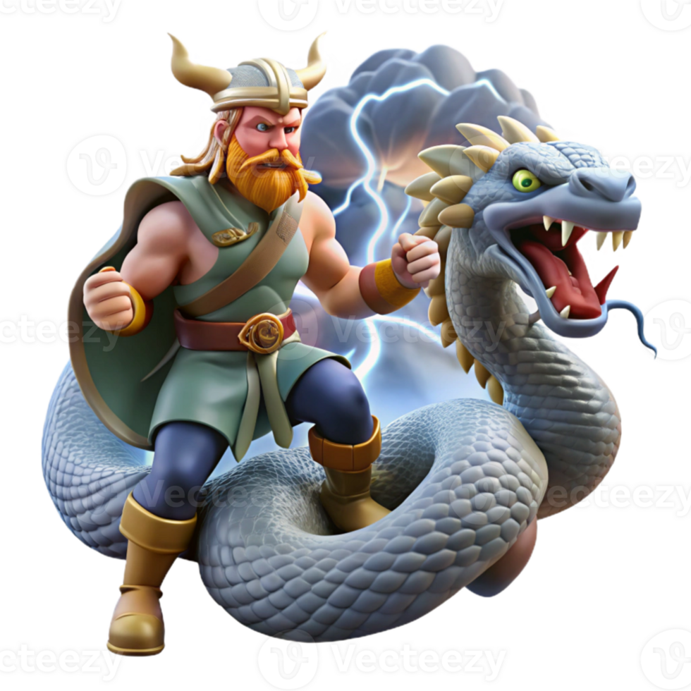 impressive vintage magnificent artistic Thor battling Jormungandr, the Midgard Serpent, amidst a raging storm, Norse mythology style, dramatic lighting high quality high resolution png
