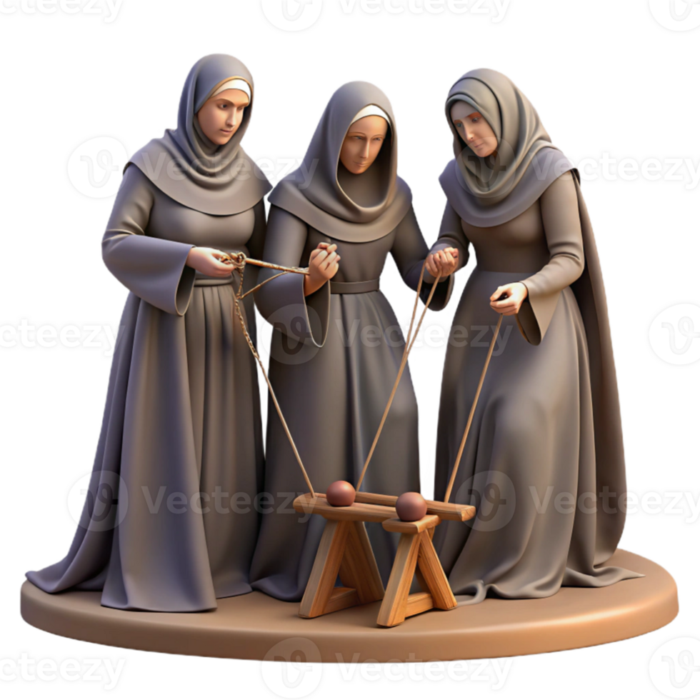 wonderful contemporary dramatic creative The Fates spinning the thread of life, cloaked in shadows, dimly lit, Renaissance painting style authentic high quality png
