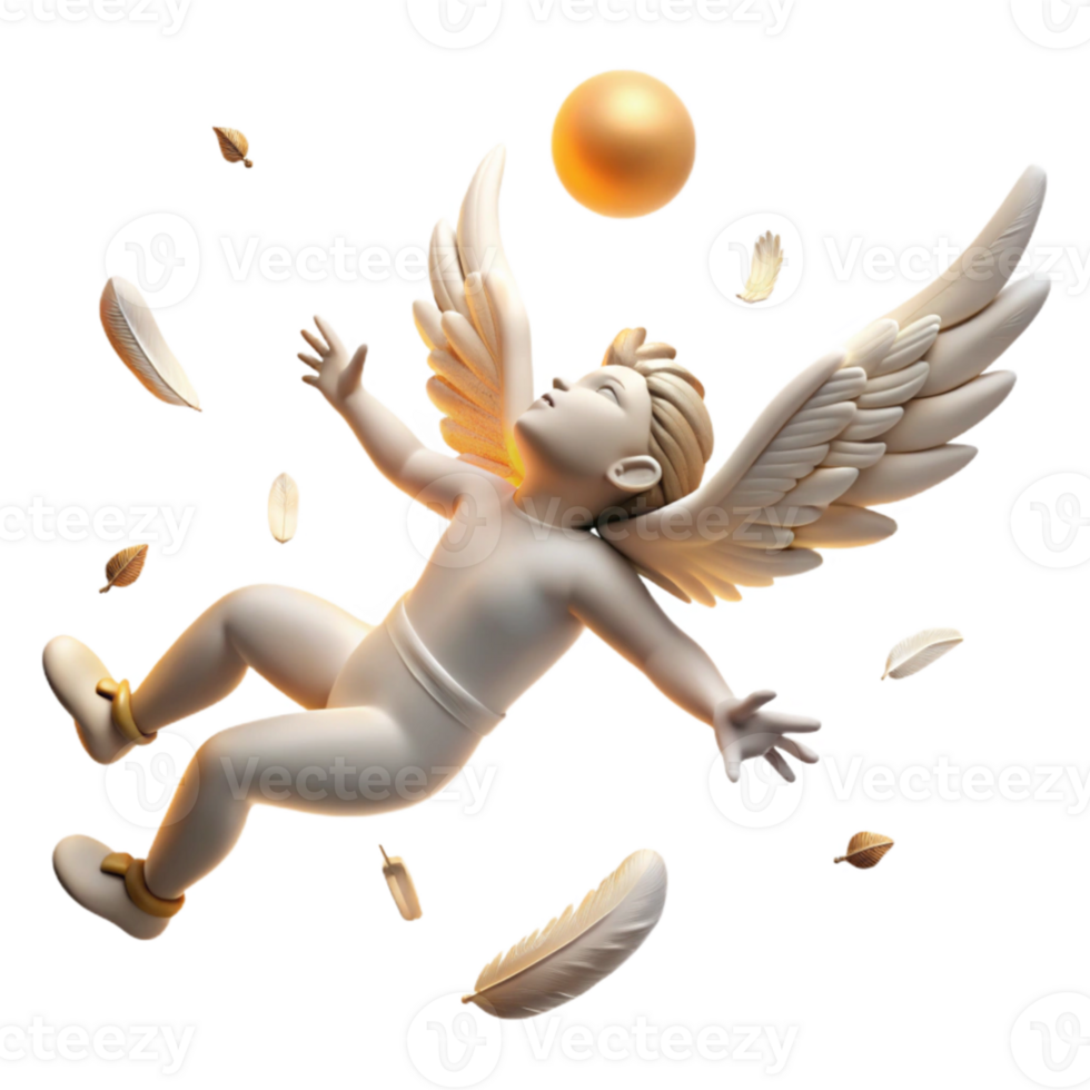 beautiful modern vibrant modern Icarus falling from the sky, feathers scattered, sun glare, romanticism style genuine high resolution png