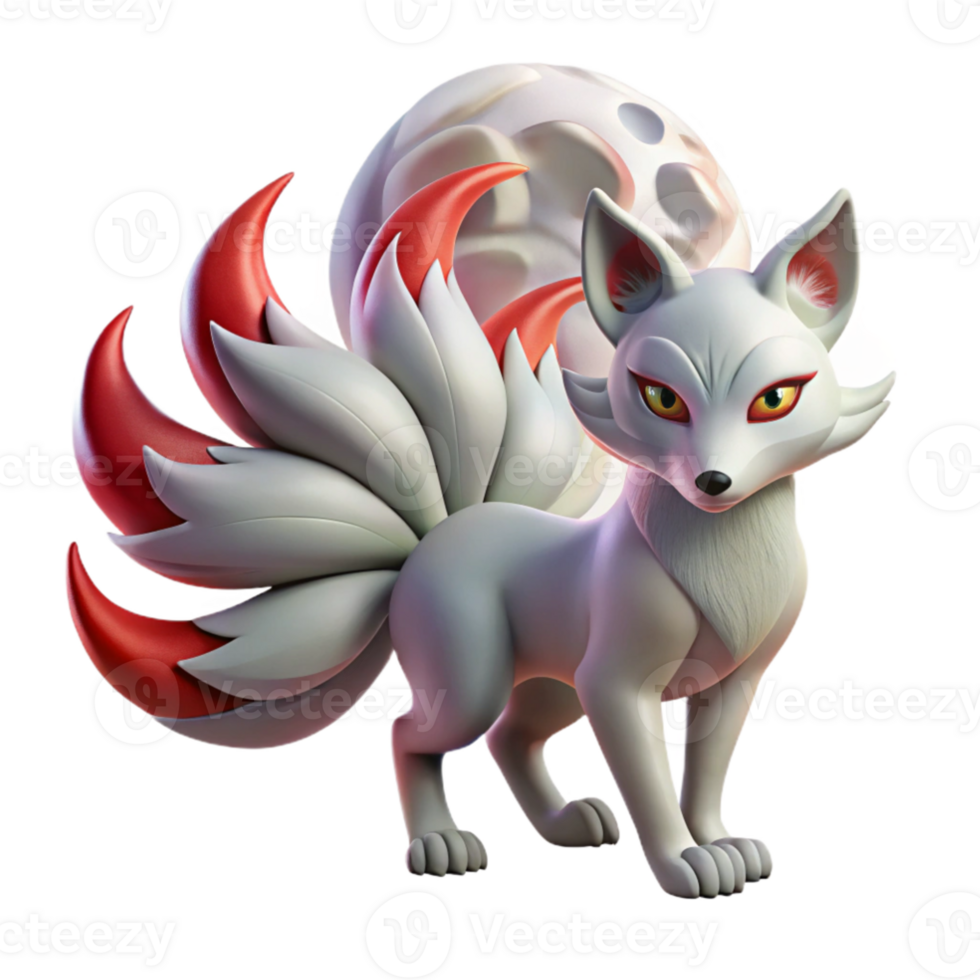 impressive abstract magnificent creative A kitsune, a nine-tailed fox, under a full moon, glowing eyes, Japanese woodblock print style professional professional png