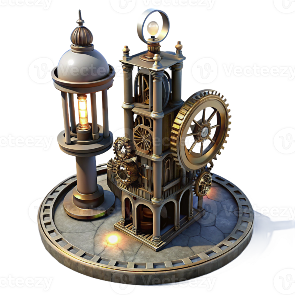 beautiful creative impressive artistic A towering steampunk clock tower, intricate gears and pipes exposed, casting a long shadow under the cold light of a full moon 4K premium png